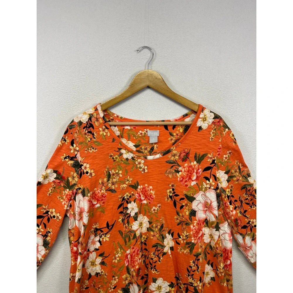Chico's Floral Botanical Orange Womens XL 3/4 Sleeve V-Neck Slub Knit Top
